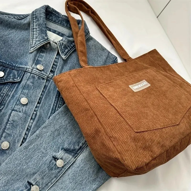 Large Capacity Shoulder Bag Trendy Corduroy Tote Bag Solid Color Ladies Handbag With Front Pocket