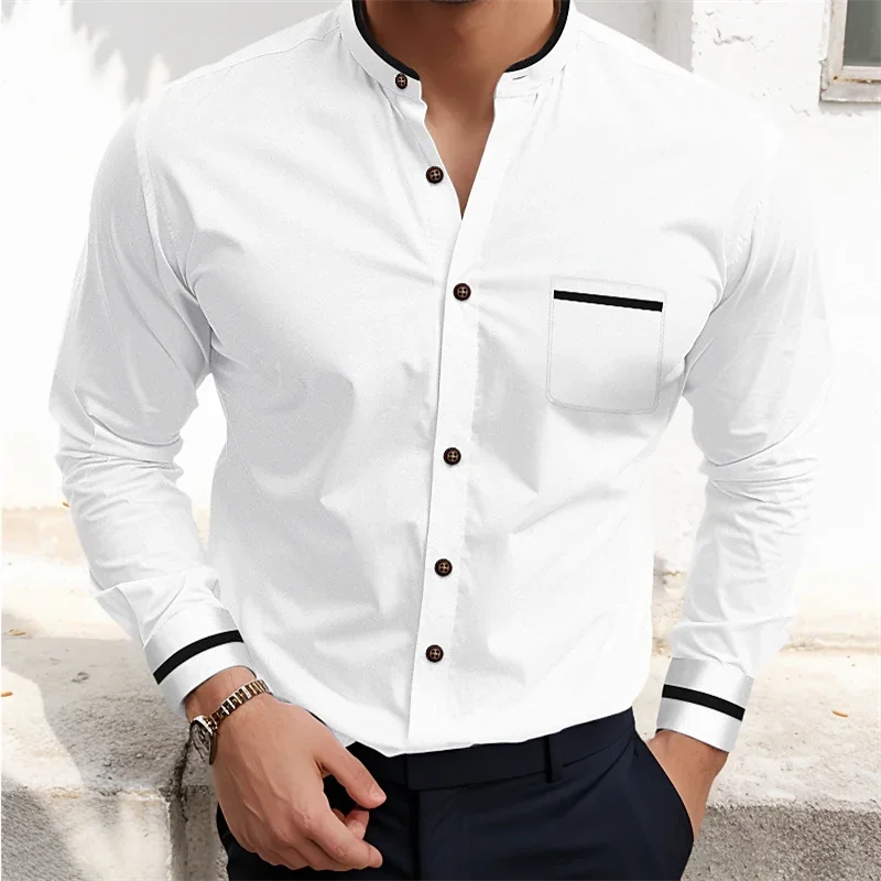 Men's Shirts Formal Button Up Shirt White Long Sleeve Color Block Stand Collar Spring Office Career Wedding Party Outfit Pocket