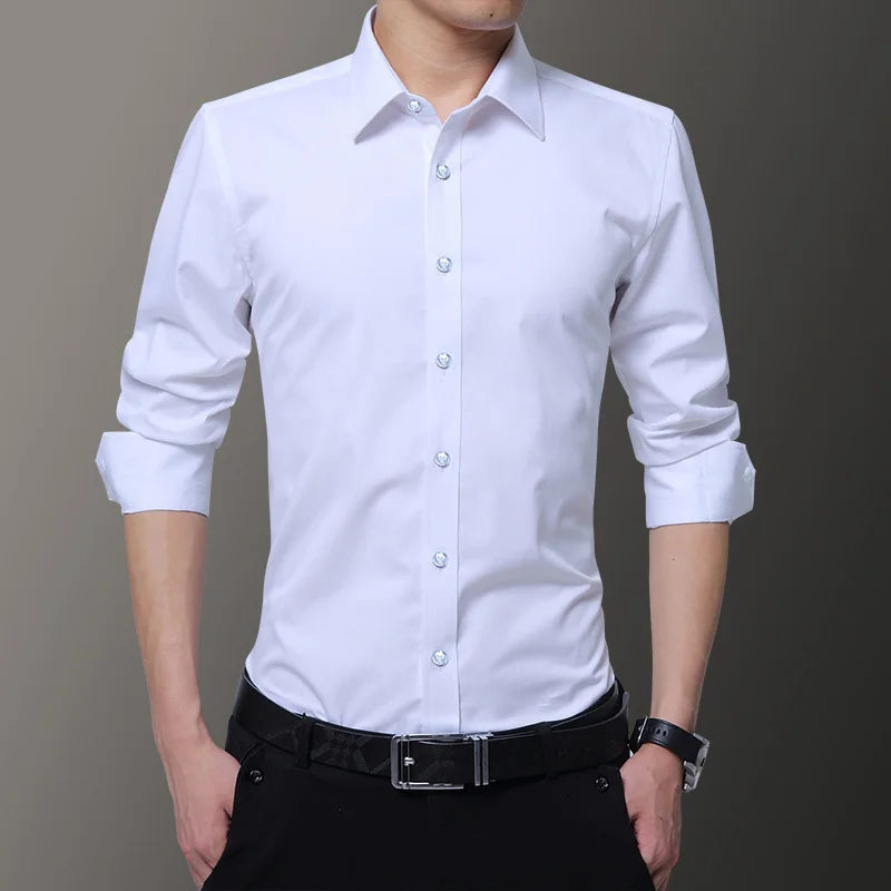 New Spring Autumn Korean Men Solid Color Business Shirt Fashion Classic Casual Slim White Long Sleeve Shirt Brand Clothes