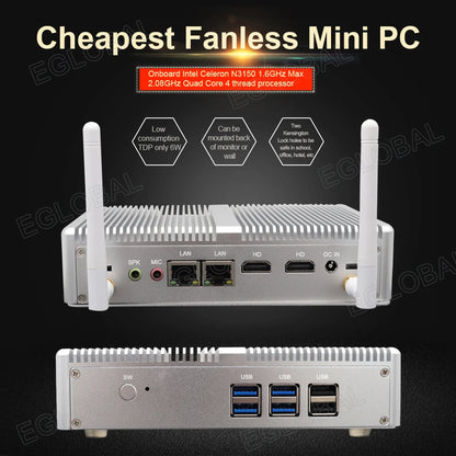 Eglobal Cheapest Small TV Box Mini PC Win10 Fanless Barebone Desktop Intel N3150 N3700 Quad Core 2Lan 2HDMI 4K HTPC Computer