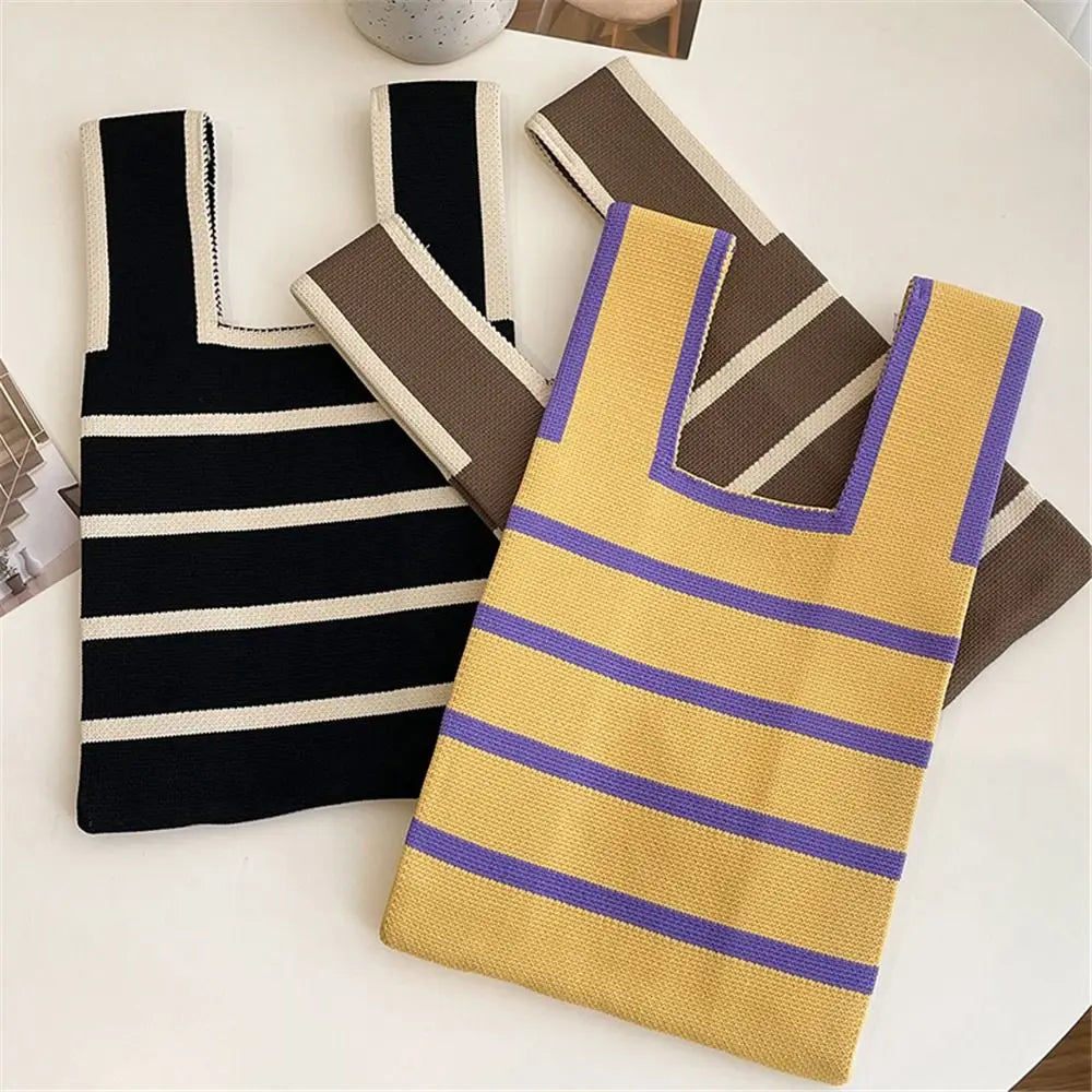 Handmade Knit Handbag Women Mini Knot Wrist Bag Japanese Casual Color Wide Stripe Plaid Tote Bag Student Reusable Shopping Bags