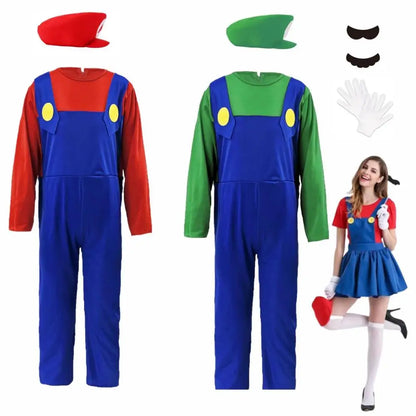 Game Boys Plumber Bros Cosplay Costumes Funny Halloween Carnival Outfits for Kids Adult Fancy Jumpsuit with Hat Mustache Gloves