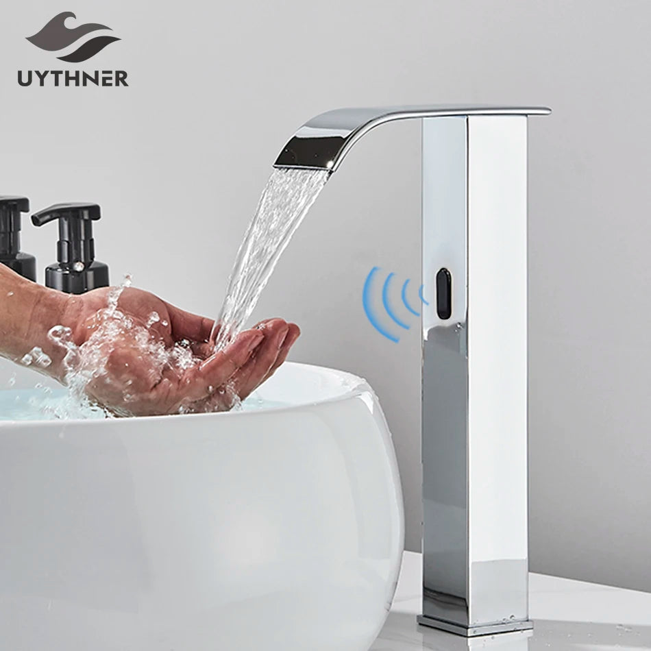 Luxury Bath Smart Sensor Basin Waterfall Faucet Hot Cold Water Mixer Tap Automatic Touchless Short High Crane For Bathroom Basin