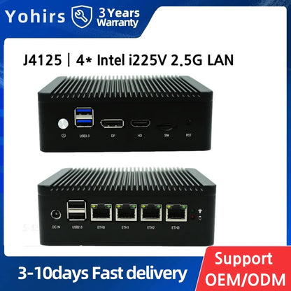 Yohirs Fanless Mini PC J4125 N4100 4* 2.5G LAN Win10 VPN PfSense Firewall Appliance I225 Nics Router Server ESXI Barebone