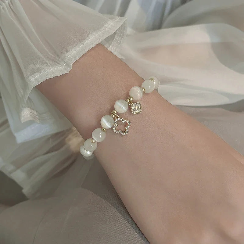 Kirykle Natural Crystal Bracelet for Women White Opal Stone Pearl Fashion Lucky Four-leaf Clover Women's Jewelry Bangles Gift