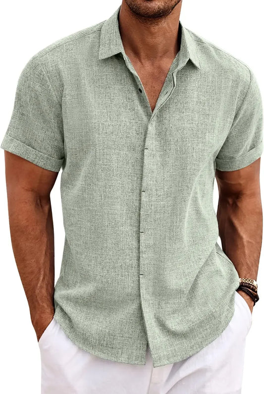 Men's Fashion Casual Solid Color Shirt Pullover Button Linen Cotton Comfortable Daily Top Short Sleeve Shirt Beach Summer Shirt