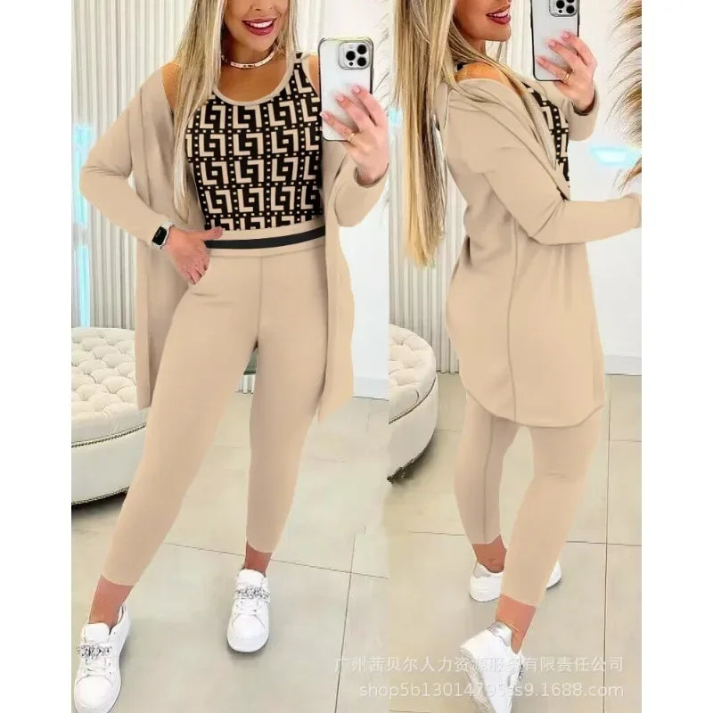 3-Piece Set Outfits Casual Tank Tops Y2K Vest Tops Women Cardigan Outwear Elastic Waist Pants Suit Skinny Pencil Pants