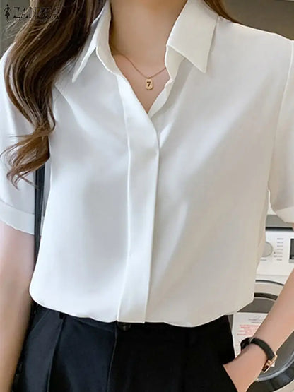 Women Summer Blouses Elegant Solid Shirts ZANZEA 2024 Casual Lapel Short Sleeve Office Lady Work Blusas Female OL Tunic Chemise