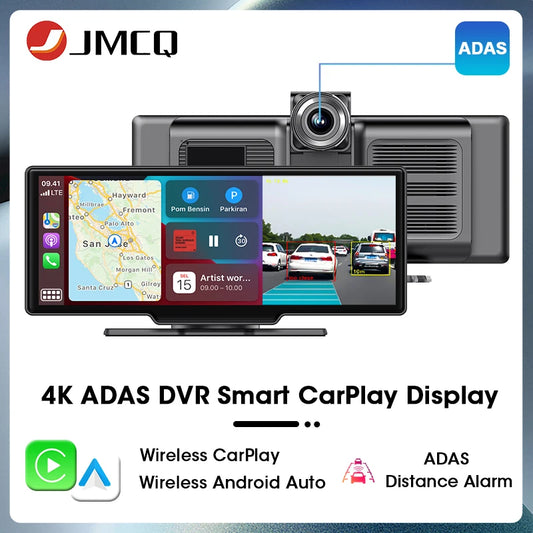 JMCQ 10.26" 4K ADAS DVR Wireless Carplay & Android Auto Car Display Smart Portable Car Multimedia Head Unit USB AUX Mirror LINK