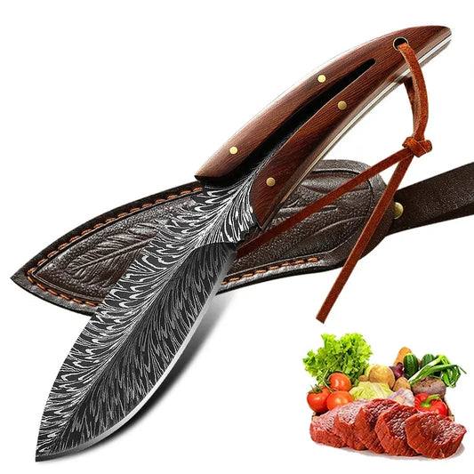 Multi-Purpose Kitchen Knife Hunting Knife Feather Pattern Knife With Sheath Stainless Steel Fruit Knives Outdoor Camping Knife