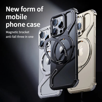 Metal Magnetic Phone Case For Iphone 13 14 15 Pro Max Aluminum Stand Phone Cover Support Wireless Charging Alloy Holder Shell