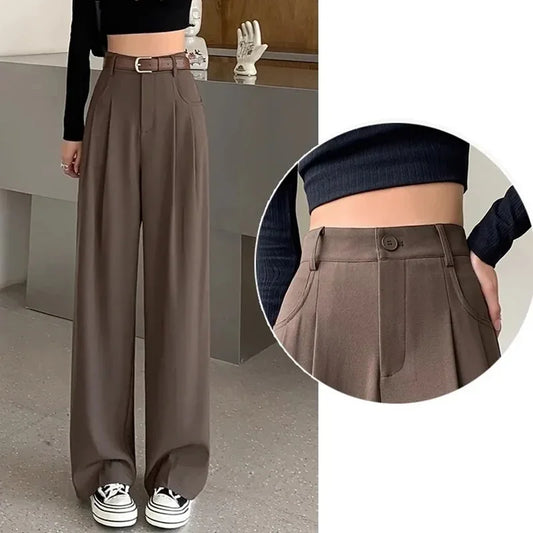 Women Fashion Suit Pants Lady Comfortable Baggy High Waist Wide Leg Linen Trousers Female Straight Leg Slacks Gray Classic Pants