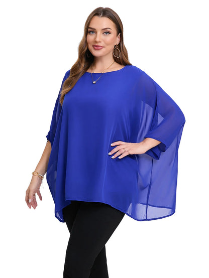 Womens Plus Size Elegant Summer Blouse Batwing Sleeve Oversized Chiffon Blouse Scoop Neck Large Size Casual Tunic Top Shirt 5XL