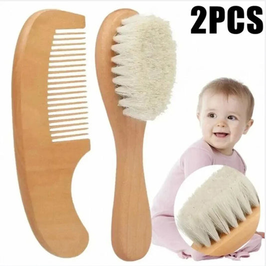 2pcs Baby Comb Set Baby Care Hair Brush Beech Soft Wool Wood Comb Newborn Massager Baby Shower And Gift Baby Hair Soothing