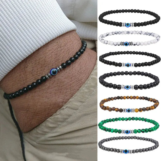 Exquisite 4mm Natural Stone Beads Bracelet for Women Men Lucky Turkish Blue Evil Eye Elastic Bracelet Couple Yoga Wrist Jewelry