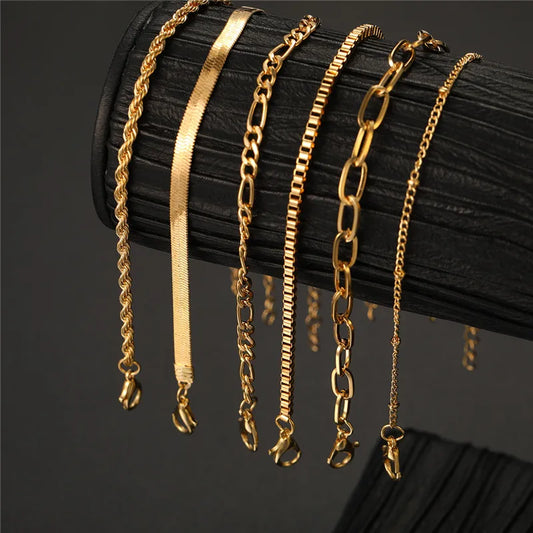 6Pcs Gold Color Bracelet Set Boho Retro Thick Twist Cuban Chain Bracelet for Women 2024 New Trendy Quality Jewelry Gifts