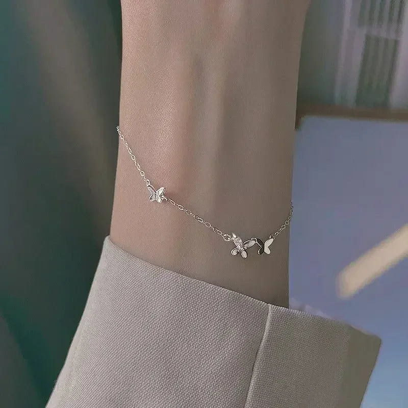 925 Sterling Silver Diamond-Studded Butterfly Bracelet Women's Fashion Jewelry Temperament Flower Adjustable Bracelet