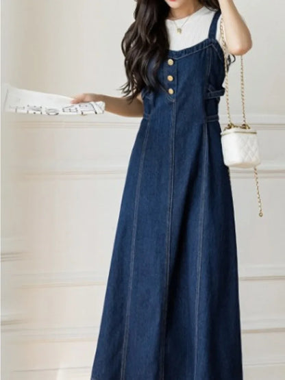 2024 Summer Denim Skirt Korean Edition Casual Versatile Cowboy Strap Skirt Medium Long Look Slimming Oversized Dress Plus Size