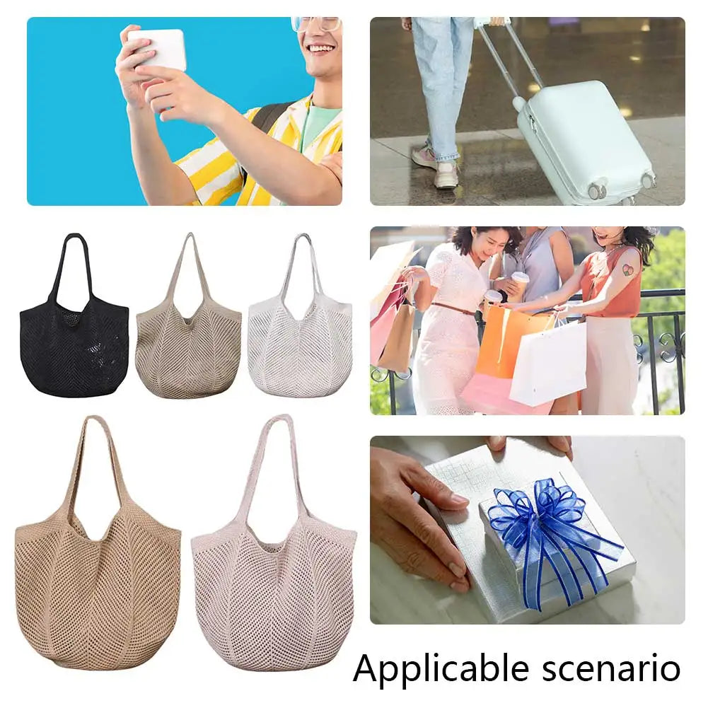 Women Knitted Tote Handbag Solid Color Knitting Shopping Handbag Large Capacity Crochet Grocery Bag Ladies Daily Handbag