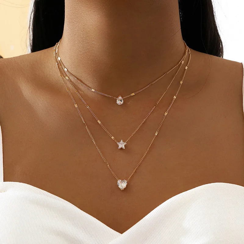 Crystal Zircon Heart Star Charm Layered Pendant Necklace Set for Women Charms Fashion Square Rhinestone Female Vintage Jewelry