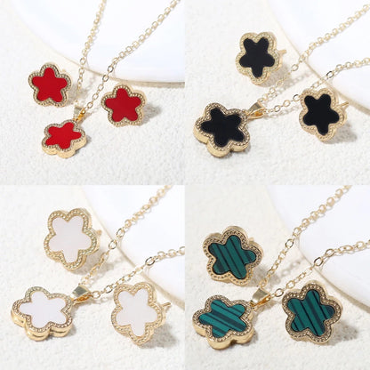 2Pcs Luxury Five Leaf Flower Pendant Jewelry Set for Women Gift Fashion Trendy Stainless Steel Clover Necklace Earring Jewelry