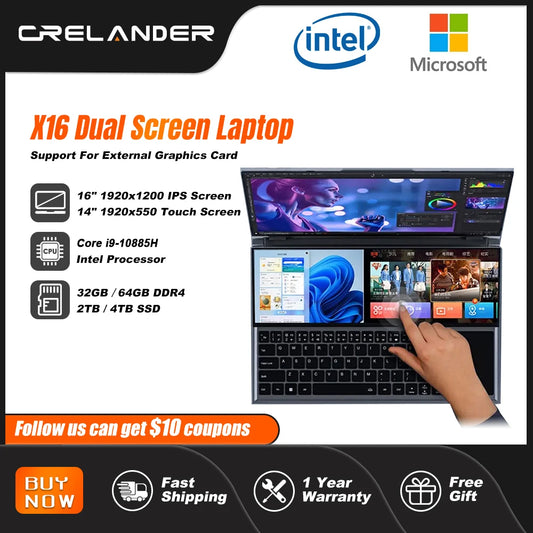 CRELANDER Dual Screen Laptop 16 Inch + 14 Inch Touch Screen Intel Core I9-10885H Notebook Octa cores Computer Gaming Laptops