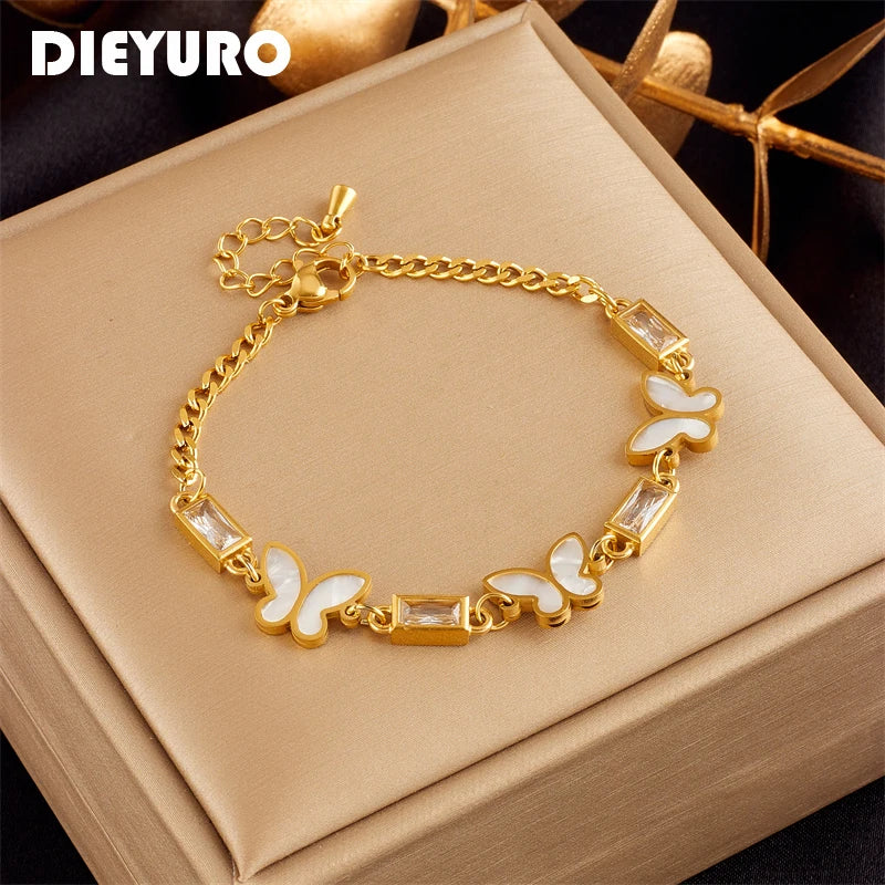 DIEYURO 316L Stainless Steel White Square Crystal Butterfly Charm Bracelet For Women New Fashion Girls Bangles Jewelry Gifts