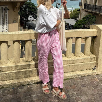 New Summer Plaid Print Long Pant Women Elastic Waist Drawstring Wide Leg Pants Fashion Casual Famale Straight Trousers