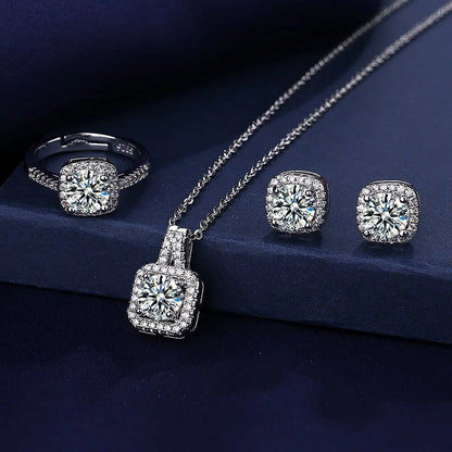 Luxury Square Zircon Crystal Earring Necklace Ring 3 Piece Set for Women Silver Color Princess Bride Wedding Banquet Jewelry Set