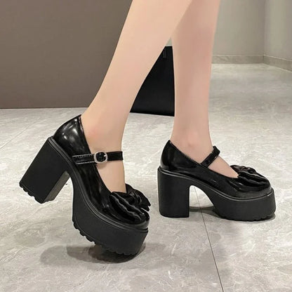 Summer/Autumn Fashion New Solid Color Bow Banquet Elegant Thick-soled Buckle Round-toe Wear-resistant Women's High Heels