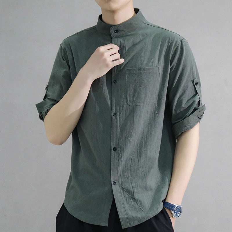 2024 New Korean Summer Men Fashion Trendy Cotton Linen Five-Point Sleeve Shirt Casual Loose Solid Color Thin Breathable Top 3Xl