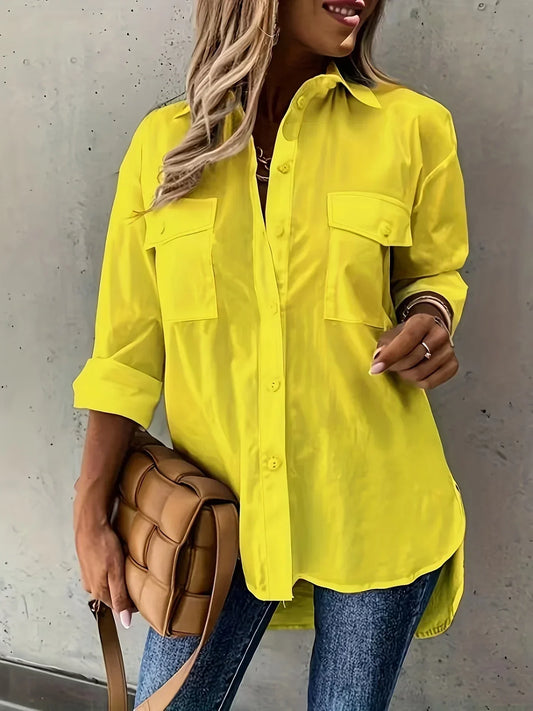 Plus Size 1XL-5XL Women's Solid Color Shirt Fashion Lapel Pocket Decoration Shirt Casual Loose and Simple Long Sleeved Shirt