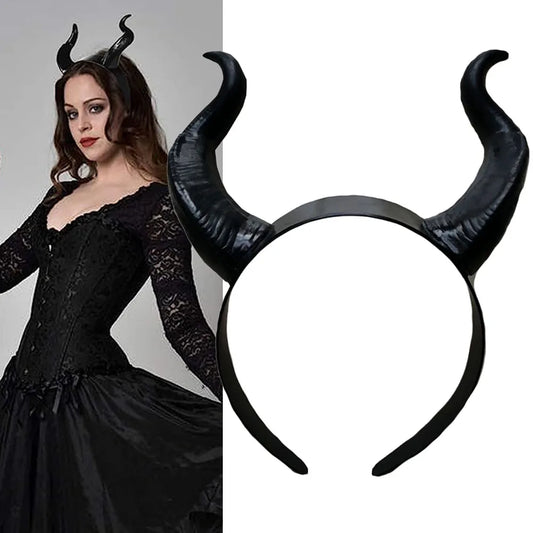 Women Black Queen Witch Demon Horns Headpiece Cosplay Animal Antelope Devil Headdress Christmas Halloween Party Costume Headband