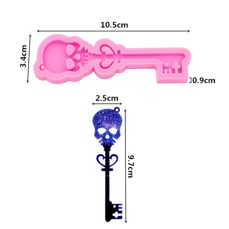 GJ-988 Shiny Mirror Skull Key Epoxy Resin Drip Mold DIY Earrings Pendant Keychain Bag Jewelry Pendant Silicone Molds