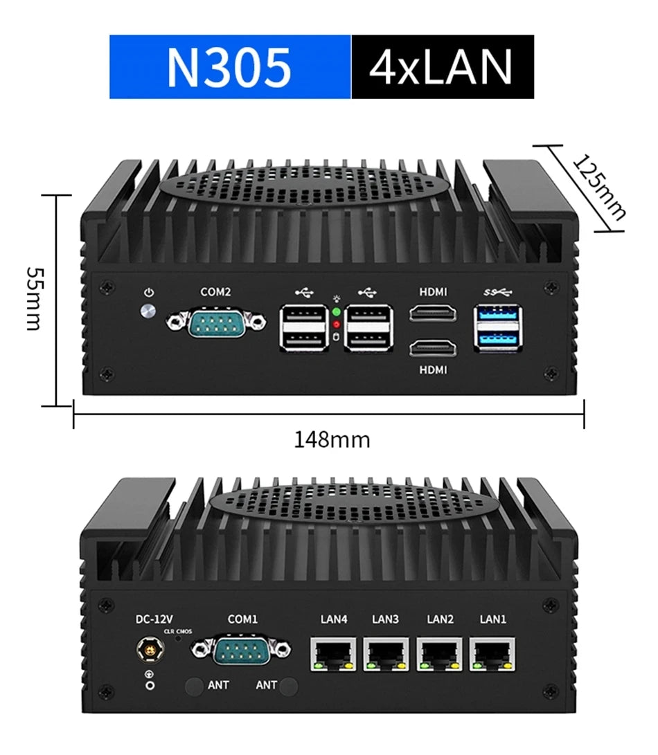 12th Gen Intel i3 N305 N100 Firewall 2.5G Soft Router 4x i226-V LAN DDR5 2*COM Industrial Mini PC Barebone Efficient cooling