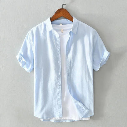 Summer Men Linen Short Sleeve Shirt Casual Cotton Linen White Pure Color T-shirt Thin Top Adult Loose Style Square Collar