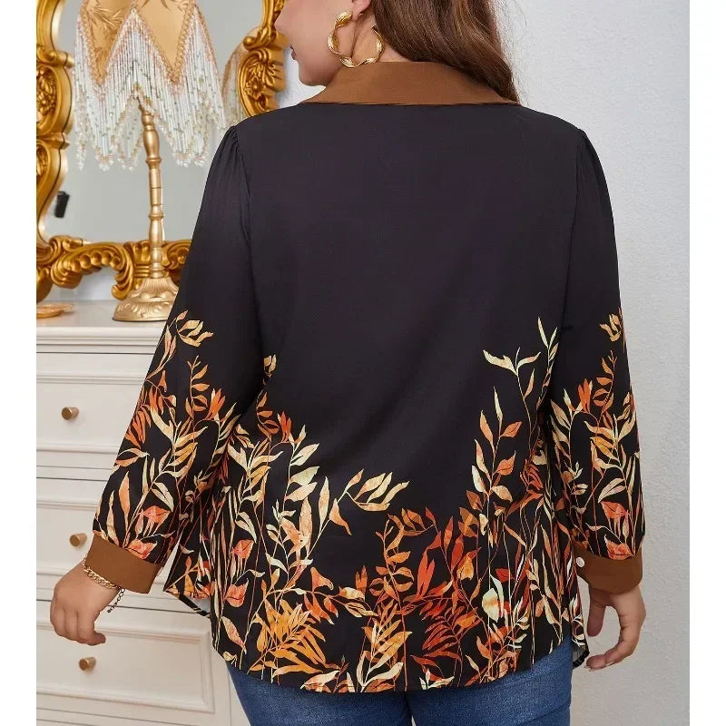 Plus Size 1XL-5XL Women's Casual Colorblock Leaf Print Button Up Shirt Ladies Fashion Long Sleeve Turn Down Collar Blouse