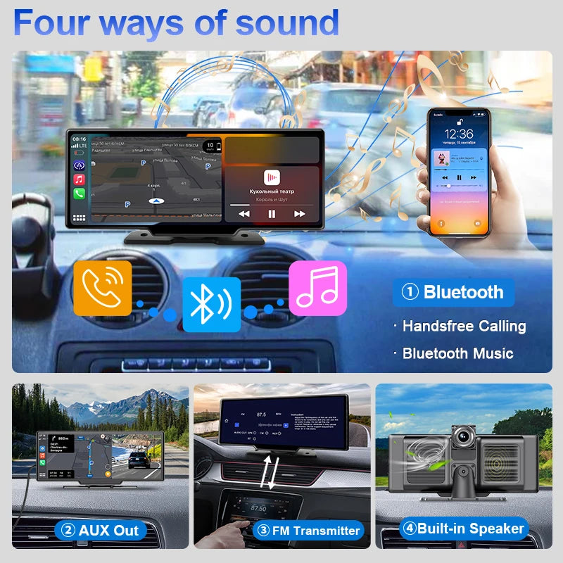 JMCQ 10.26" 4K ADAS DVR Wireless Carplay & Android Auto Car Display Smart Portable Car Multimedia Head Unit USB AUX Mirror LINK