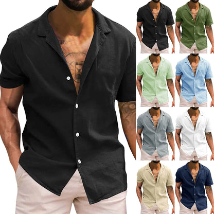 Black  Beach Style Hawaii Shirt Tops Short Sleeve Turn-Down Collar Cotton Linen Button Blouse Work Travel Male Loose