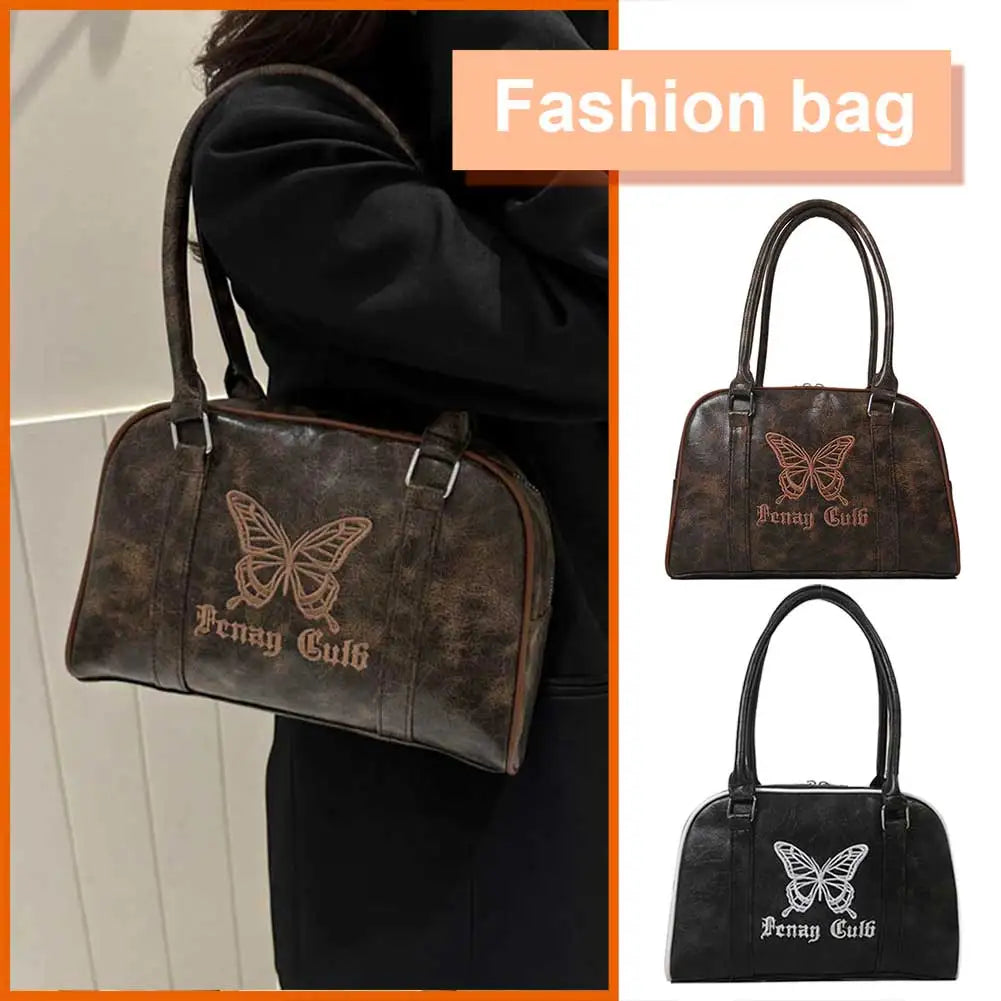 Women Leather Handbag Waterproof Zipper Shoulder Bag Embroidered Butterfly Top Handle Bag Satchel Hobo Bag Girl Stylish Purse