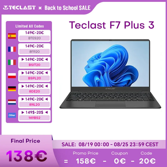 Teclast F7 Plus 3 Laptop 14.1 inch 8GB RAM 256GB SSD for Intel Gemini Lake 1920 x 1080 Windows 10 Dual-band Wi-Fi Notebook USB