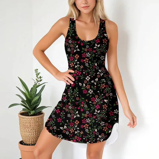 Women's Fashion Loose Casual Round Neck Dress Women Mini Sleeveless Dresses Flower Europe and The United States Plus Size Dress