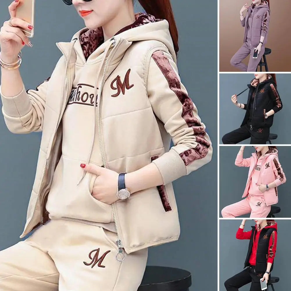 Fashion Warm Three Piece Set Women Outfit 2022 Fall Winter Thicken Tracksuit Casual Waistcoat + Hoodies + Pant Female Sweat Suit