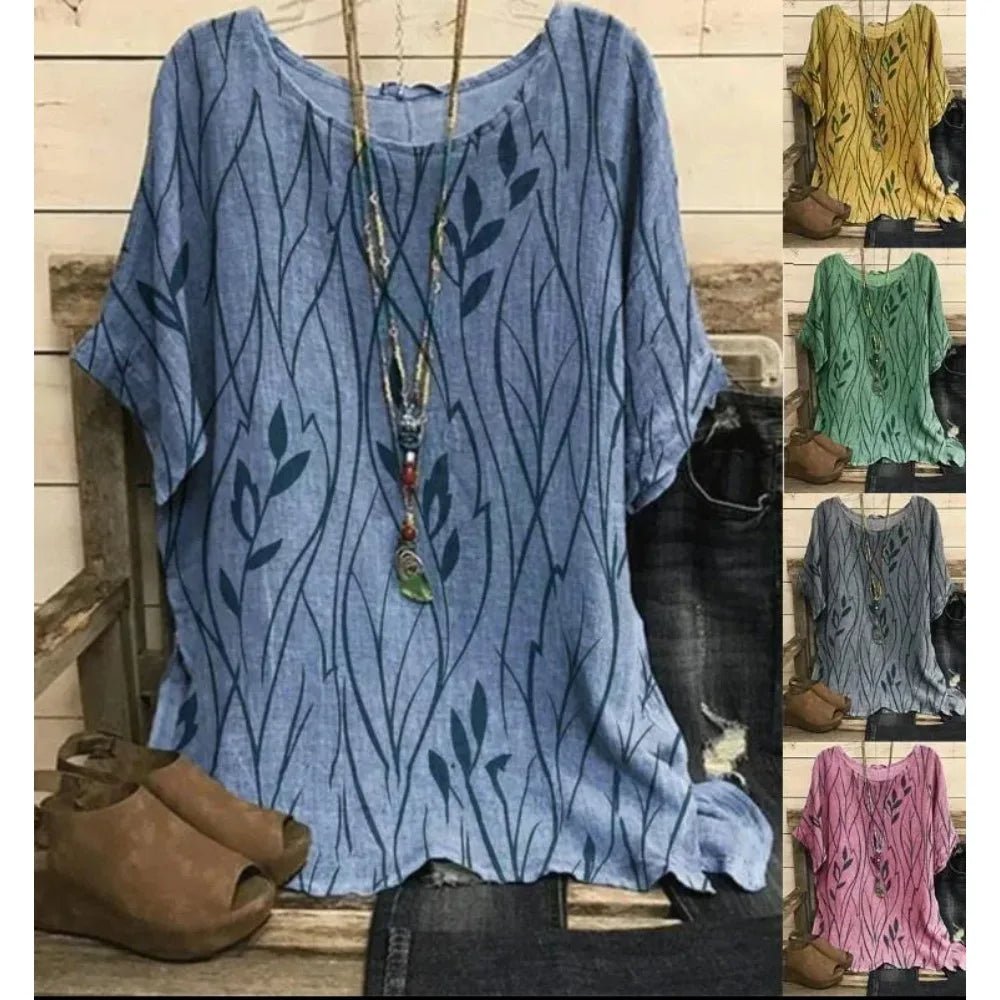 Plus Size 1XL-8XL Women Casual Loose Leaves Print Blouse T-shirt Ladies Fashion Vintage Blouse Unique Half Sleeves Top Shirts