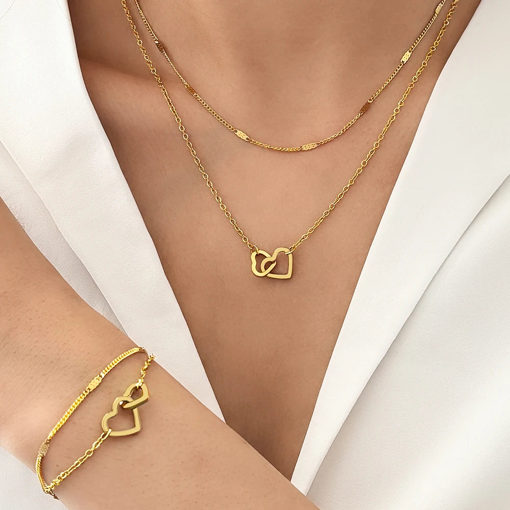 Stainless Steel Jewelry Sets High-end Atmosphere Love Bracelet Love Necklace Double Chain Design Jewelry Sets For Women Jewelry