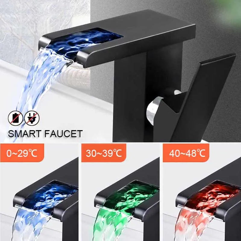 Waterfall Faucet Smart LED Luminous Hot and Cold Color Changing Mixer Tap Square Wash Basin Bathroom Cabinet Faucet Copper New