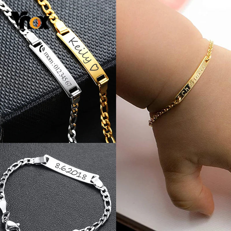 Vnox Personalize Custom Baby Name Bracelet Gold Tone Solid Stainless Steel Adjustable Bracelet New Born to Child Girls Boys Gift