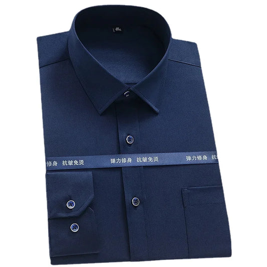 High Quality Stretch Anti-Wrinkle Men Shirts Long Sleeve Dress Shirts Male Slim Social Business Blouse Solid Color Shirt