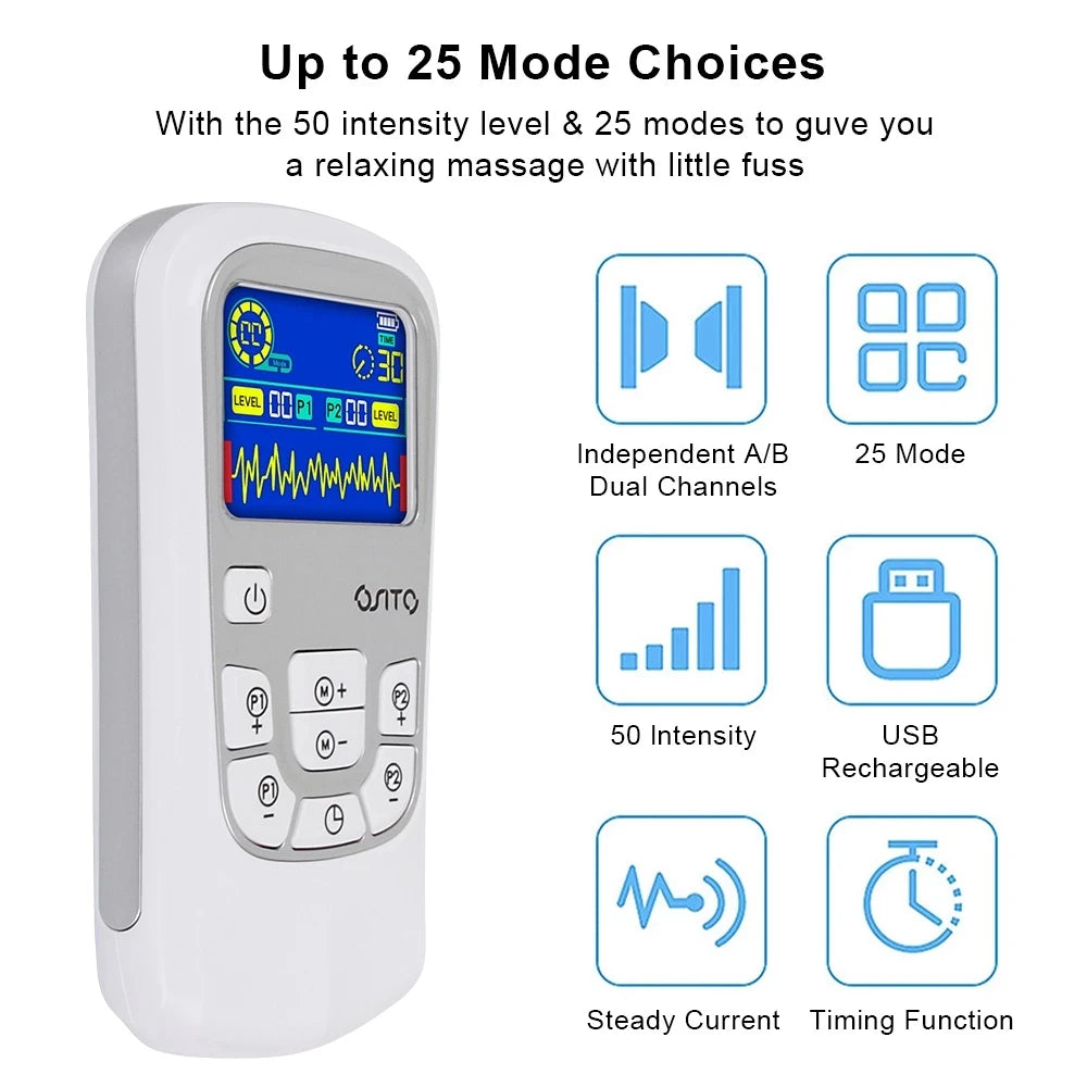 25 Modes Electrostimulator EMS Muscle Massage Physiotherapy Stimulator Patch Pulse Body Massager Electrodes Relaxation Treatment