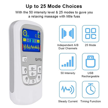 25 Modes Electrostimulator EMS Muscle Massage Physiotherapy Stimulator Patch Pulse Body Massager Electrodes Relaxation Treatment